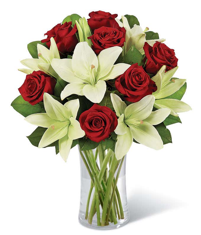 Whimsical White Lily & Red Rose Bouquet - Floramor 