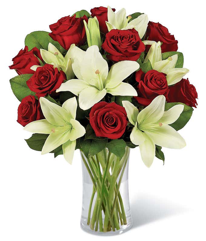 Whimsical White Lily & Red Rose Bouquet - Floramor 