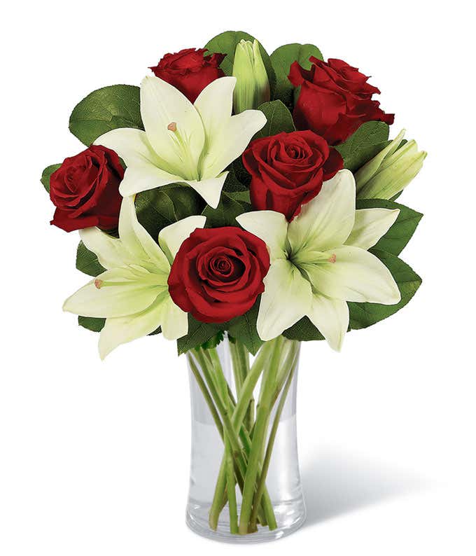 Whimsical White Lily & Red Rose Bouquet - Floramor 